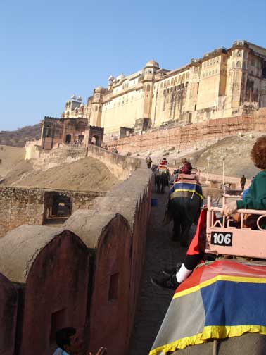 Donna on an elephant riding up to Amber Fort.