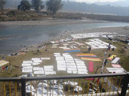 Laundry drying at the side of the Ganges River.