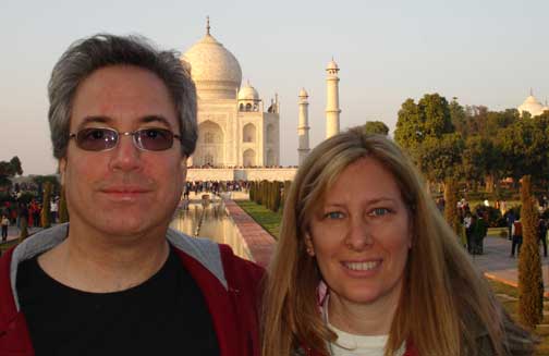 Hugh and Eileen in front of the Taj Mahal.